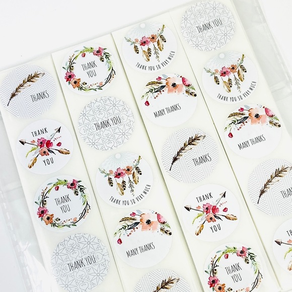 200 Thank You Stickers. Watercolor Floral Feather Boho Shipping Product Stickers - Picture 4 of 9